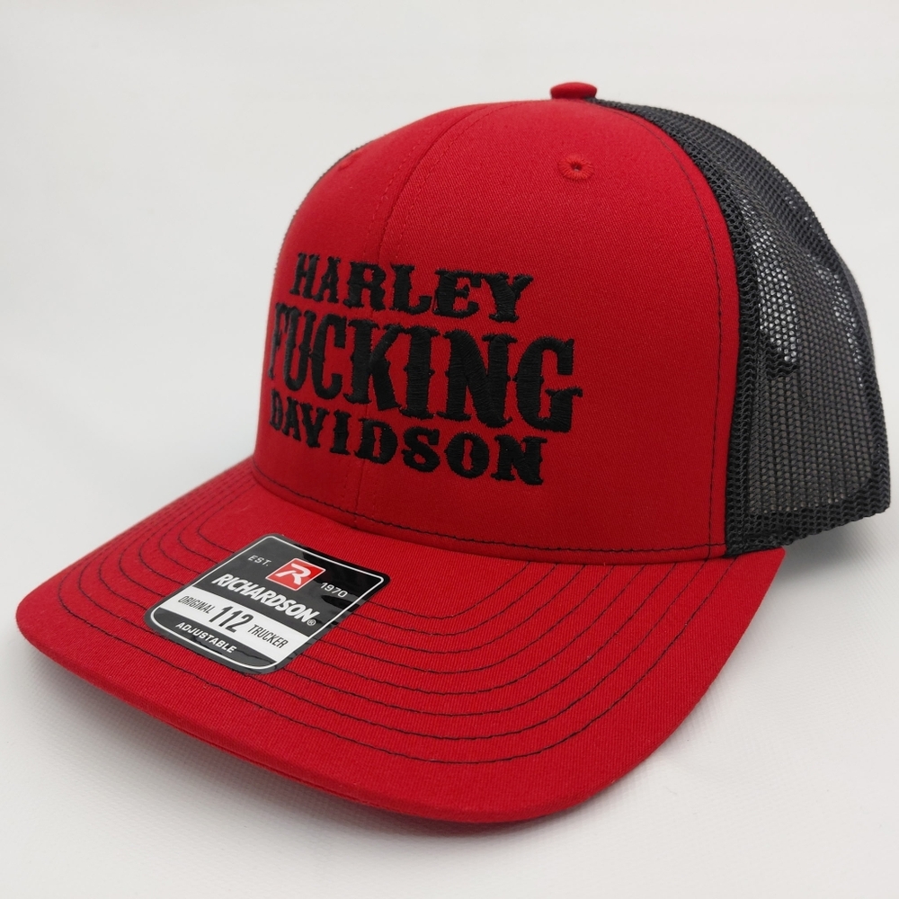 Richardson 112 Harley F***ing Davidson Trucker Hat - Red/Black - RARE Custom